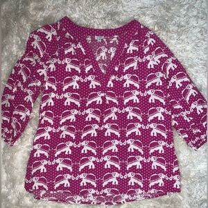Crown & Ivy Pink White Elephant Print Top Shirt Blouse Small